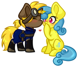 Size: 1024x880 | Tagged: safe, artist:ak4neh, lemon hearts, oc, oc only, oc:golden gear, g4, canon x oc, chibi, couple, female, goggles, heart, heart eyes, lesbian, simple background, transparent background, wingding eyes