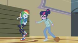Size: 948x523 | Tagged: safe, screencap, rainbow dash, sci-twi, twilight sparkle, equestria girls, g4, my little pony equestria girls: better together, stressed in show, stressed in show: rainbow dash, basketball, female, glasses, sports