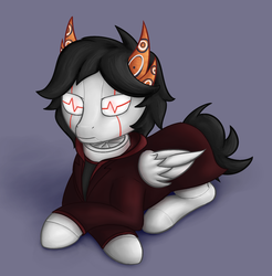 Size: 900x914 | Tagged: safe, artist:deerdraw, oc, oc only, original species, pony, robot, robot pony, commission, electrocardiogram, homestuck, horns, lying down, prone, simple background, solo, troll (homestuck), wingding eyes, wings