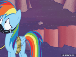 Size: 500x374 | Tagged: safe, artist:toucanldm, rainbow dash, devil, pegasus, pony, g4, abuse, animated, animation error, bendy, bendy and the ink machine, bound wings, cupcake, cuphead, cuphead meets mlp, dashabuse, female, fire, food, gag, gif, hell, implied cupcakes, implied fanfiction, muzzle gag, pac-man eyes, punishment, rainbond dash, ropes, the devil, throne, underworld