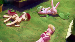 Size: 2560x1440 | Tagged: safe, artist:quvr, daisy, flower wishes, lily, lily valley, roseluck, earth pony, pony, g4, slice of life (episode), belly button, female, floppy ears, flower, flower trio, grass, mare, on back, on side, playing dead, scene interpretation, the horror, trio, trio female