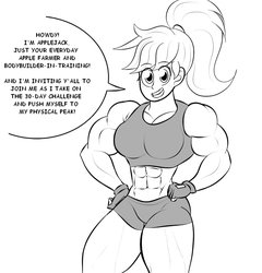 Size: 854x890 | Tagged: safe, artist:matchstickman, part of a set, applejack, human, g4, 30 day challenge, applejacked, breasts, busty applejack, clothes, compression shorts, dialogue, female, fingerless gloves, gloves, grin, humanized, muscles, muscular female, part of a series, smiling, solo, tank top