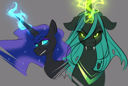 Size: 750x507 | Tagged: safe, artist:cosmalumi, nightmare moon, queen chrysalis, alicorn, changeling, changeling queen, pony, g4, bust, duo, ethereal mane, female, gray background, looking at you, mare, portrait, simple background, smiling, starry mane