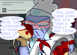 Size: 1280x928 | Tagged: safe, artist:psychodiamondstar, sugarcoat, equestria girls, g4, chef's hat, dialogue, female, food, glasses, hat, looking at you, pasta, pun, solo, spaghetti