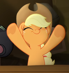 Size: 556x586 | Tagged: safe, screencap, applejack, earth pony, pony, g4, my little pony: the movie, cowboy hat, cropped, cute, eyes closed, female, freckles, happy, hat, jackabetes, mare, smiling, solo, stetson, underhoof
