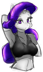 Size: 600x1000 | Tagged: safe, artist:jovalic, rarity, unicorn, anthro, g4, arm behind head, armpits, bra, breasts, clothes, colored sketch, female, mare, simple background, solo, underwear