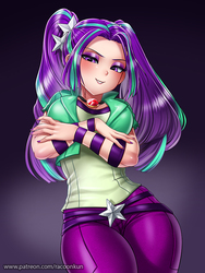 Size: 750x1000 | Tagged: safe, artist:racoonsan, aria blaze, human, equestria girls, g4, adorasexy, breasts, busty aria blaze, clothes, curvy, cute, explicit source, eyeshadow, female, gem, hourglass figure, humanized, jeans, looking at you, makeup, nail polish, pants, sexy, siren gem, solo, stupid sexy aria blaze