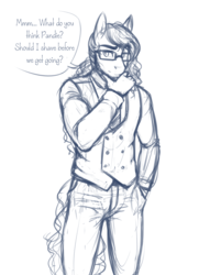 Size: 1947x2685 | Tagged: safe, artist:askbubblelee, oc, oc only, oc:walter nutt, earth pony, anthro, anthro oc, beard, clothes, dialogue, facial hair, glasses, male, monochrome, necktie, pants, shirt, simple background, sketch, smiling, solo, stallion, vest