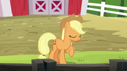 Size: 640x360 | Tagged: safe, screencap, applejack, earth pony, pony, applejack's "day" off, g4, season 6, animated, applejack's hat, behaving like a chicken, bipedal, chicken dance, chickenjack, cowboy hat, discovery family logo, female, hat, majestic as fuck, mating dance, silly, silly pony, solo, sound, webm, who's a silly pony