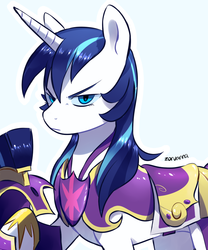 Size: 792x950 | Tagged: safe, artist:zoruanna, shining armor, pony, unicorn, g4, armor, female, glare, gleaming shield, guardsmare, helmet, looking at you, mare, royal guard, rule 63, scowl, signature, simple background, solo, stare, white outline