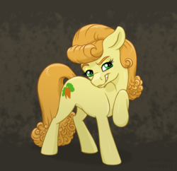 Size: 670x648 | Tagged: safe, artist:haretrinity, carrot top, golden harvest, earth pony, pony, g4, eyelashes, female, floppy ears, grin, looking at you, mare, raised hoof, simple background, smiling, solo