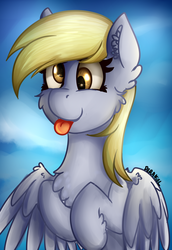 Size: 973x1415 | Tagged: safe, artist:deraniel, derpy hooves, pegasus, pony, g4, cute, derpabetes, female, fluffy, flying, sky, solo, tongue out