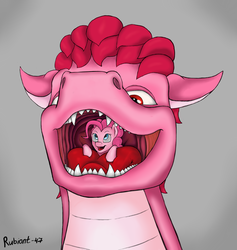 Size: 2297x2428 | Tagged: safe, artist:rubiont, pinkie pie, oc, oc:fidget tail, dracony, dragon, hybrid, pony, g4, dragons eating horses, fetish, high res, maw, mawshot, open mouth, pink, pinkie prey, teeth, tongue play, vore