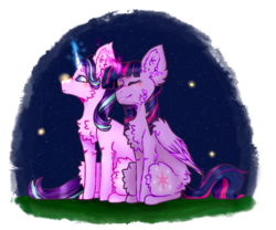Size: 1083x901 | Tagged: safe, artist:foxlove253, starlight glimmer, twilight sparkle, alicorn, firefly (insect), pony, unicorn, g4, chest fluff, cute, eyes closed, female, fluffy, glimmerbetes, glowing horn, grass, horn, magic, night, smiling, twiabetes, twilight sparkle (alicorn)
