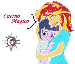Size: 720x612 | Tagged: safe, artist:strokeskuu, edit, sunset shimmer, twilight sparkle, equestria girls, g4, alternate clothes, blushing, cropped, cute, female, height difference, horn, hug, lesbian, ship:sunsetsparkle, shipping, smiling, spanish, twiabetes
