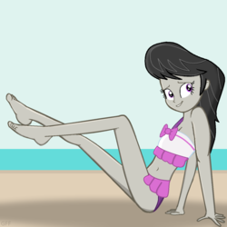Size: 1280x1280 | Tagged: safe, artist:grapefruitface1, derpibooru exclusive, octavia melody, equestria girls, g4, my little pony equestria girls: better together, x marks the spot, barefoot, beach, bikini, clothes, feet, female, looking at you, sand, seaside, show accurate, sky, solo, swimsuit, update