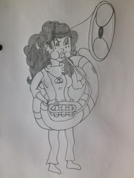Size: 2448x3264 | Tagged: artist needed, source needed, safe, oc, oc only, oc:lily orchard, oc:lily peet, equestria girls, g4, bhaalspawn, female, freckles, high res, lily orchard, lily peet, monochrome, musical instrument, solo, sousaphone, traditional art, tuba