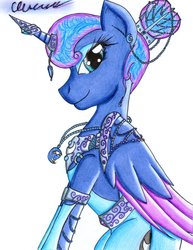 Size: 1024x1329 | Tagged: safe, artist:the1king, princess luna, alicorn, pony, g4, alternate hairstyle, clothes, colored wings, dress, ear piercing, female, horn, horn cap, horn jewelry, jewelry, necklace, piercing, smiling, solo