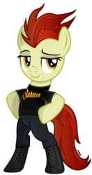 Size: 2430x4599 | Tagged: safe, artist:a4r91n, oc, oc only, oc:para focului, bipedal, boots, clothes, heavy metal, hooves on hips, lidded eyes, looking away, pants, sabaton, shirt, shoes, simple background, t-shirt, transparent background, vector