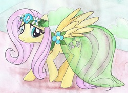 Size: 989x719 | Tagged: safe, artist:astevenamedwolf, fluttershy, pegasus, pony, g4, backing away, clothes, dress, female, headdress, looking at you, mare, raised hoof, see-through, solo, spread wings, traditional art, watercolor painting, wings