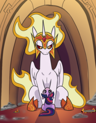 Size: 628x797 | Tagged: safe, artist:greyscaleart, artist:jargon scott, color edit, edit, daybreaker, twilight sparkle, alicorn, pony, unicorn, g4, ash, colored, cute, dead, duo, female, filly, filly twilight sparkle, floppy ears, glare, lidded eyes, looking at you, looking back, looking up, mare, offscreen character, shadow, sitting, size difference, the small acolyte, tiny ponies, twiabetes, upside down, younger