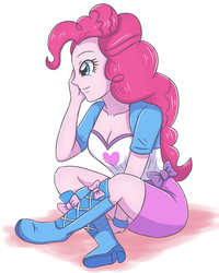 Size: 2598x3248 | Tagged: safe, artist:sumin6301, pinkie pie, equestria girls, g4, beautiful, boots, breasts, cleavage, clothes, cute, female, high res, moe, shoes, side view, simple background, sitting, skirt, smiling, solo, thighs, white background