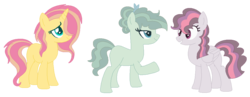 Size: 1112x432 | Tagged: safe, artist:joystick12, oc, oc only, earth pony, pegasus, pony, unicorn, adoptable, base used, female, hair over one eye, magical lesbian spawn, mare, offspring, parent:applejack, parent:fluttershy, parent:party favor, parent:sunset shimmer, parent:svengallop, parent:twilight sparkle, parents:partyjack, parents:sunshyne, parents:twigallop, simple background, transparent background