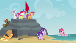 Size: 3840x2160 | Tagged: safe, artist:perplexedpegasus, apple bloom, button mash, pinkie pie, scootaloo, starlight glimmer, sweetie belle, earth pony, pegasus, pony, unicorn, g4, beach, cowboy hat, cutie mark crusaders, female, filly, foal, hat, high res, mare, stetson, water