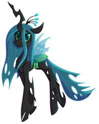 Size: 1650x2070 | Tagged: safe, alternate version, artist:puddingskinmcgee, queen chrysalis, changeling, changeling queen, g4, crown, female, jewelry, looking at you, regalia, simple background, smiling, solo, standing