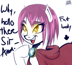 Size: 1000x900 | Tagged: safe, artist:kaminarihouse, artist:thethunderpony, oc, oc only, oc:anon, oc:maasri ioll ziramyllis, pony, anime style, cloak, clothes, dialogue, eyebrows, fangs, glowing eyes, implied anon, judgement(series), open mouth, ponified, purple hair, sketch, smiling, solo, thick eyebrows