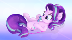 Size: 5000x2800 | Tagged: safe, artist:katakiuchi4u, starlight glimmer, oc, oc:sierra nightingale, pegasus, pony, unicorn, g4, :p, canon x oc, commission, cute, female, glimmerbetes, male, micro, mlem, on back, self insert, silly, size difference, smiling, stallion, this will end in vore, tongue out