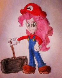 Size: 1024x1280 | Tagged: safe, artist:ponysloud99, pinkie pie, equestria girls, g4, clothes, cosplay, costume, crossover, female, hammer, male, mario, mario pie, super mario bros., traditional art