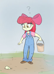 Size: 1100x1500 | Tagged: safe, artist:heir-of-rick, apple bloom, daily apple pony, equestria girls, g4, basket, bow, clothes, egg, female, hair bow, hidden cane, overalls, question mark, solo