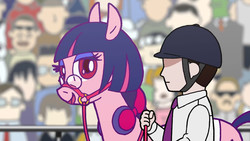 Size: 1920x1080 | Tagged: safe, screencap, oc, oc:anon, human, glasses, headphones, horse racing, japan racing association, not twilight sparkle, pop team epic, pop team epic kinen, racehorse, sabukaru kuso hinba