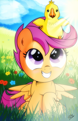 Size: 945x1456 | Tagged: safe, artist:dsana, scootaloo, bird, chicken, chocobo, pegasus, pony, g4, crossover, cute, cutealoo, female, filly, final fantasy, final fantasy xiii, grass, grin, happy, looking up, scootachicken, smiling, solo, spread wings, wings