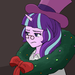 Size: 1284x1284 | Tagged: safe, artist:bushbuck93, snowfall frost, starlight glimmer, equestria girls, g4, christmas wreath, clothes, female, glasses, hat, horn, solo, top hat, unamused, wreath