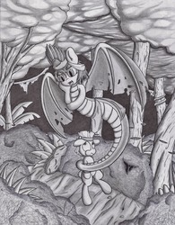 Size: 1280x1645 | Tagged: safe, artist:tricomator, oc, oc only, lamia, original species, pony, bat wings, coiling, forest, monochrome, traditional art