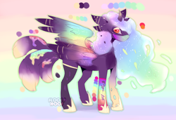 Size: 1484x1018 | Tagged: safe, artist:floofyhoof, oc, oc only, oc:princess countless, alicorn, pony, alicorn oc, colored hooves, colored horn, colored wings, curved horn, digital art, ethereal mane, female, horn, mare, multicolored hair, multicolored mane, multicolored tail, multicolored wings, rainbow background, rainbow hair, rainbow wings, signature