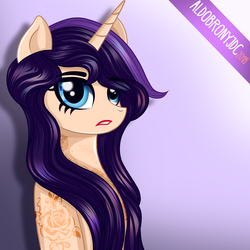 Size: 3200x3200 | Tagged: safe, artist:aldobronyjdc, oc, oc only, oc:melody verve, unicorn, anthro, anthro oc, female, high res, long hair, looking at you, simple background, solo, tattoo