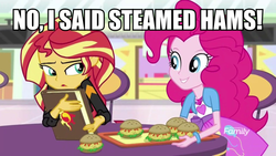 Size: 1080x608 | Tagged: safe, edit, edited screencap, screencap, pinkie pie, sunset shimmer, equestria girls, equestria girls specials, g4, mirror magic, book, bracelet, burger, chair, discovery family logo, food, geode of empathy, geode of sugar bombs, hamburger, image macro, jewelry, journal, looking at each other, magical geodes, male, meme, pop culture, raised eyebrow, simpsons did it, smiling, steamed hams, storefront, table, television, the simpsons, tray
