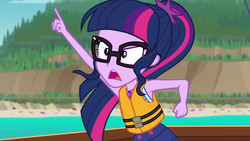 Size: 1280x720 | Tagged: safe, screencap, sci-twi, twilight sparkle, equestria girls, equestria girls series, g4, the salty sails, clothes, female, geode of telekinesis, glasses, lifejacket, open mouth, pointing, ponytail, raised arm, solo, swimsuit