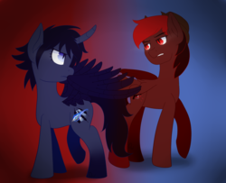 Size: 1600x1300 | Tagged: safe, artist:queenwildfire, oc, oc only, oc:crimson blood, oc:raven nightblade, pegasus, pony, unicorn, angry, artificial wings, augmented, bat eyes, cowboy hat, female, hat, male, messy mane, requested art, standoff