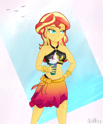 Size: 1498x1802 | Tagged: safe, artist:xethshade, sunset shimmer, bird, equestria girls, equestria girls specials, g4, my little pony equestria girls: better together, my little pony equestria girls: forgotten friendship, clothes, female, hot, midriff, milkshake, sarong, sexy, solo, straw, swimsuit