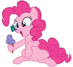 Size: 3500x3200 | Tagged: safe, artist:cheezedoodle96, pinkie pie, butterfly, earth pony, pony, g4, .svg available, butterfly on nose, cute, diapinkes, eye contact, female, food, high res, hoof hold, ice cream, ice cream cone, insect on nose, looking at each other, mare, silly, silly pony, simple background, sitting, smiling, svg, transparent background, vector