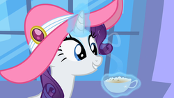 Size: 1280x720 | Tagged: safe, screencap, rarity, pony, unicorn, g4, sweet and elite, canterlot, cup, cute, female, hat, magic, mare, smiling, solo, teacup