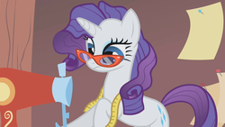 Size: 1280x720 | Tagged: safe, screencap, rarity, pony, unicorn, g4, suited for success, art of the dress, carousel boutique, female, glasses, mare, measure tape, messy mane, rarity's glasses, sewing machine, solo