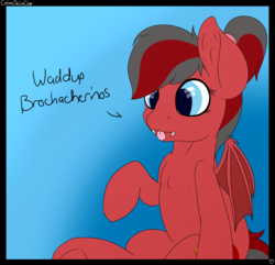 Size: 3690x3562 | Tagged: safe, artist:cremedelaclop, oc, oc only, oc:cherry bomb, bat pony, pony, bat wings, fangs, high res, sitting, solo, tongue out