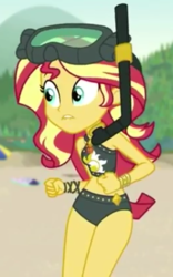 Size: 413x663 | Tagged: safe, screencap, sunset shimmer, equestria girls, g4, my little pony equestria girls: better together, unsolved selfie mysteries, beach shorts swimsuit, clothes, cropped, dive mask, snorkel, sunset shimmer swimsuit, sunset shimmer's beach shorts swimsuit, swimsuit