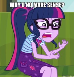 Size: 600x624 | Tagged: safe, edit, edited screencap, screencap, sci-twi, twilight sparkle, equestria girls, equestria girls series, g4, text support, cropped, female, geode of telekinesis, image macro, magical geodes, meme, memeful.com, solo, text support: sunset shimmer
