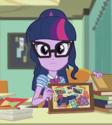 Size: 462x517 | Tagged: safe, screencap, sci-twi, twilight sparkle, equestria girls, g4, my little pony equestria girls: better together, the last day of school, animated, book, cropped, cute, female, geode of telekinesis, gif, glasses, looking at you, magical geodes, nerd, solo, twiabetes